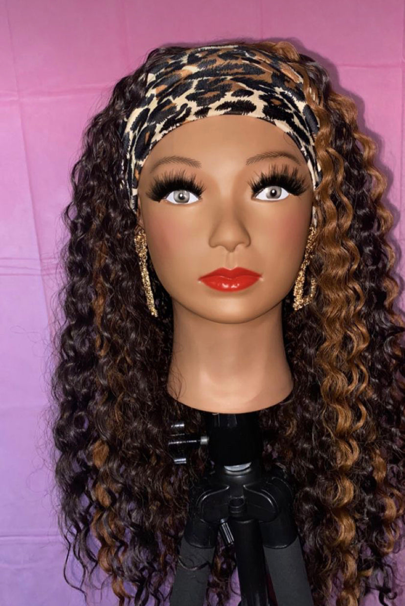 Black-Brown Layered Deep Wave Curls Headband Wig w/ Headband Included