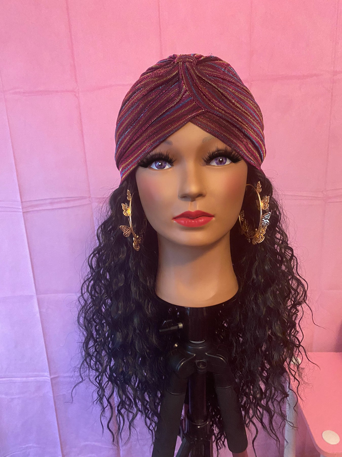 Black Crinkle Curls Wig Hat w/ Turban Included