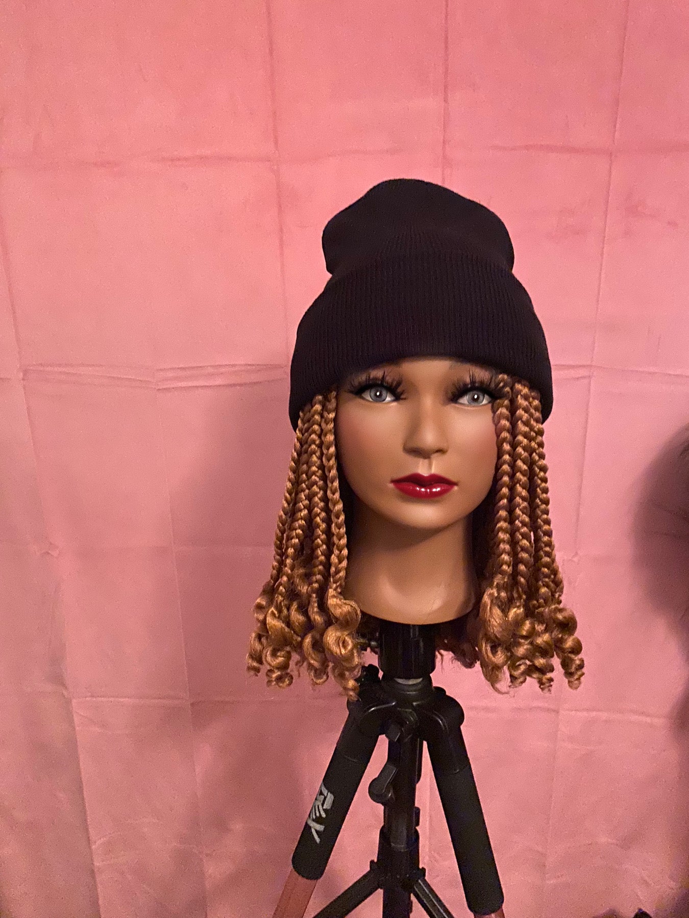 Honey Blonde Box Braids w/ Curly Ends Wig Hat