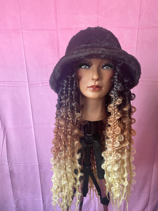 Black/Brown/Blonde Ombre Butterfly Box Braids Wig Hat