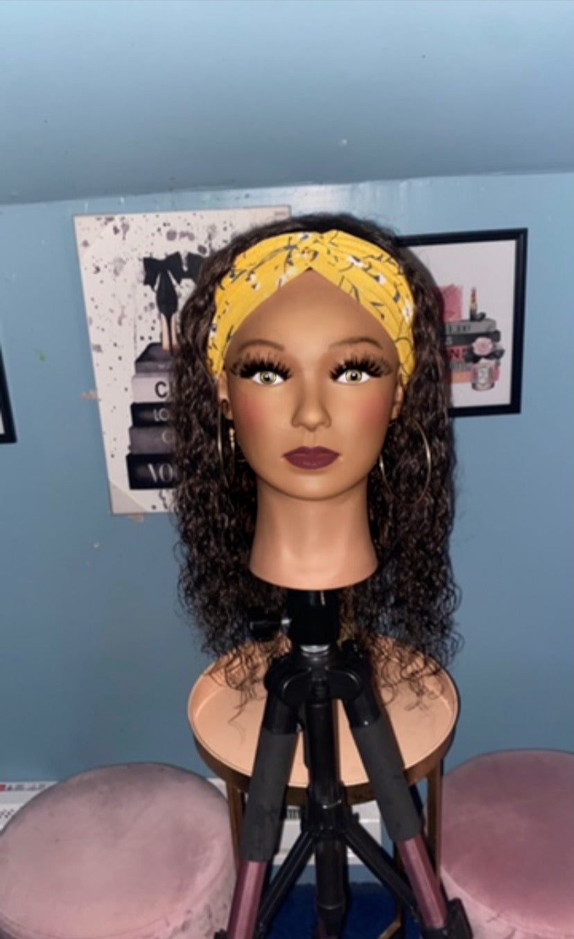 Brown Jerry Curl Headband Wig w/ Headband Included