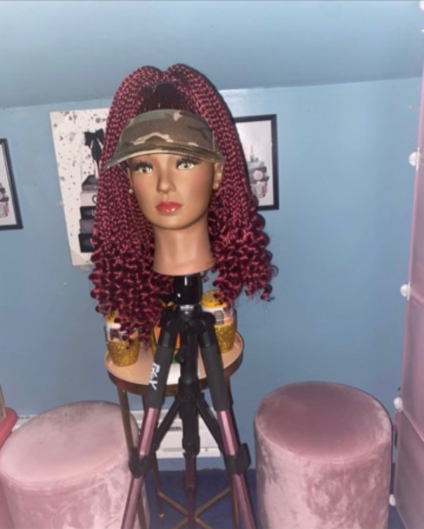 Burgundy Wine Knotless Box w/ Curly Ends Wig Hat