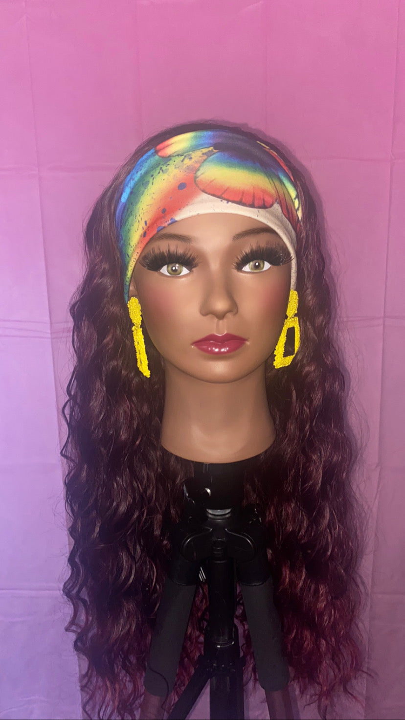 Burgundy Wine Crinkle Curls Headband Wig w/ Headband Included